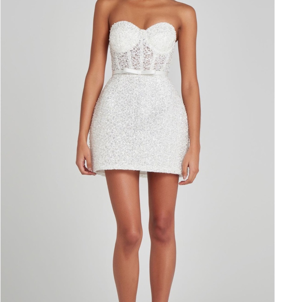 NADINE MERABI Sparkling White Strapless Mini Dress